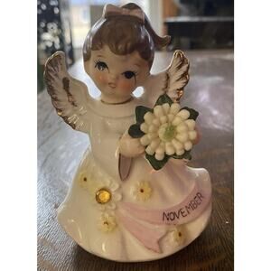 Vtg Lefton November Angel KN 6224 Brn Ponytail Pink Ribn Flwrs Gold Tipped Wings